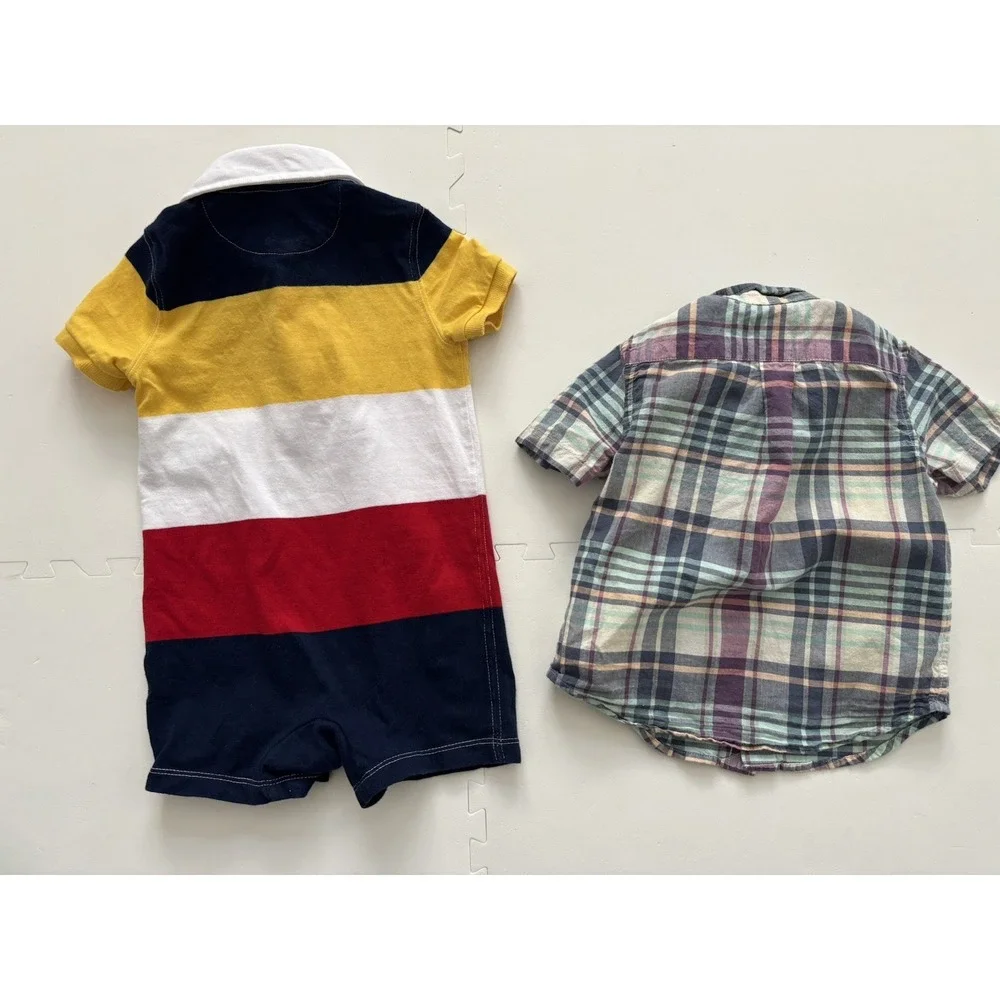 RALPH LAUREN Boys Lot of 2 Plaid Dress Madras Shirt | Romper Rugby Shortall- 12M